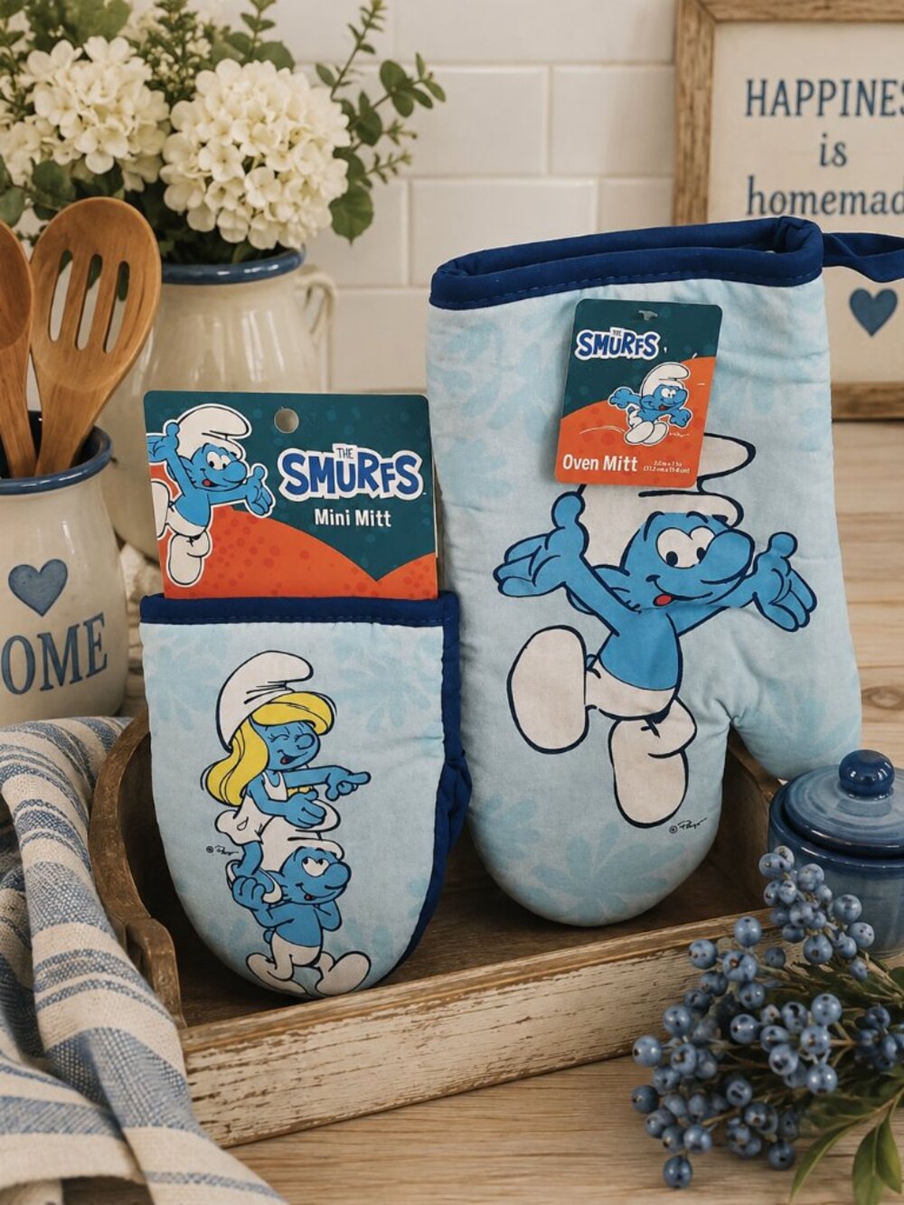 The Smurfs 2-Piece Kitchen Mitt Set Oven Mitt & Mini Mitt Blue Character